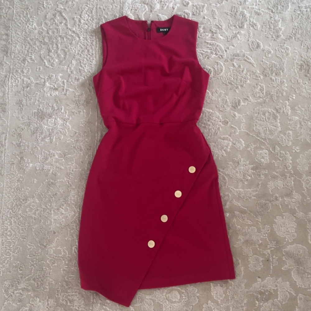 dkny red asymmetrical button dress